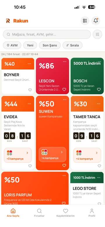 Rakun uygulaması fırsatlar ekranı